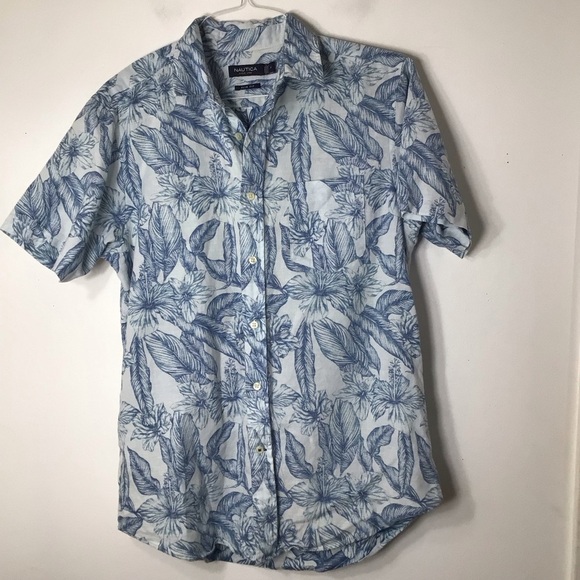 Nautica short sleeve button up men medium blue linen floral vacation - Picture 1 of 10
